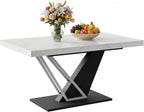 COSIEST 59'' to 78.7'' Extendable Dining Table for 4-8, Faux Marble Expandable Kitchen Table with Sturdy Metal Base, Rectangle Dinner Table for Small Space, Dining Room, Living Room, White