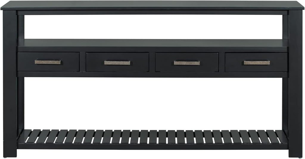 LKTART Console Table for Entryway with 4 Drawers,61.5'' Long Sofa Table with 3-Tier Open Shelves,Entry Table for Hallway,Foyer,Living Room,Black