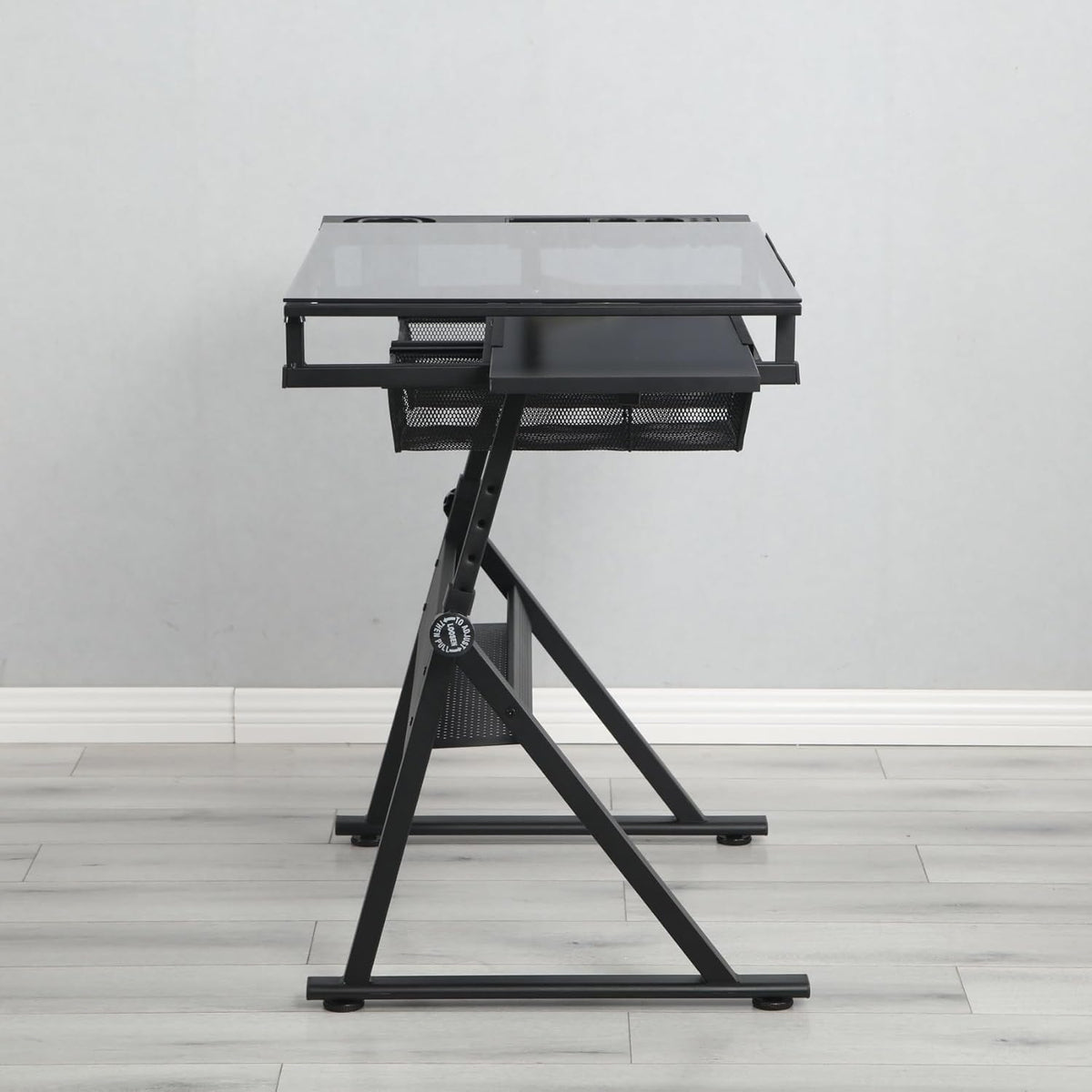 Drafting Table Desk, Painting Table Art Craft Desk Crafting Table with Tilting Tempered Glass Top, 2 Storage Drawers, Height Adjustable