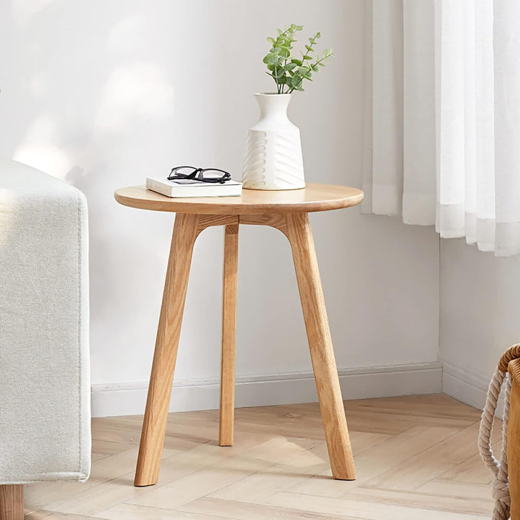 Round End Table, Solid Oak Wood Side Table for Living Room, Bedroom Nightstand, Small Coffee Table with Round Design, 3-Leg Stable Structure, Natural Oak