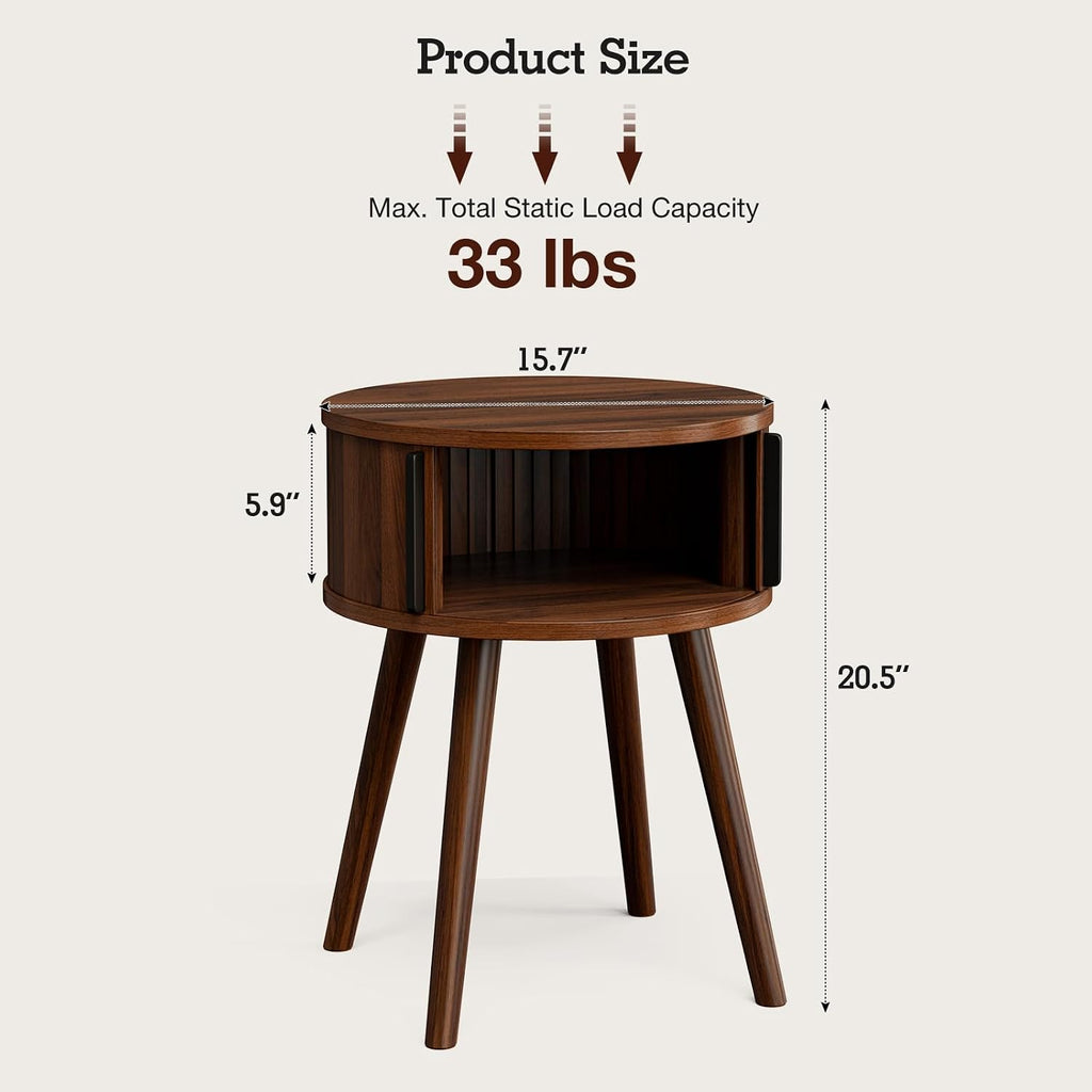 ZttRiee Side Table with Sliding Door & Cabinet, End Table for Living Room, Night Stand for Bedroom, Modern Bedside Table with Solid Wood Legs, Walnut