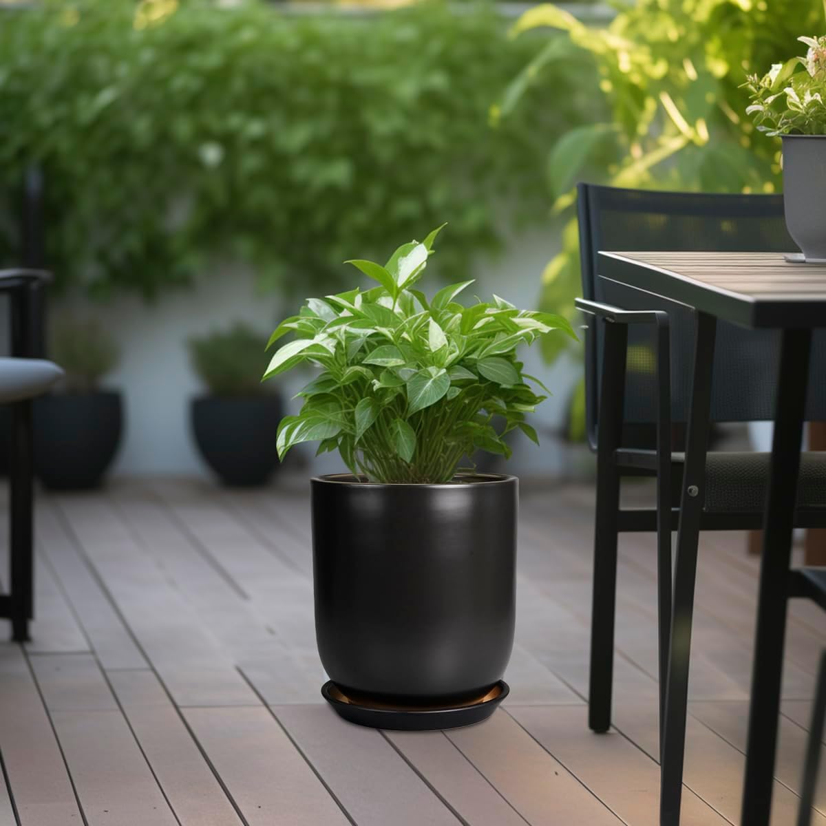 Ceramic Planter 10 Inch - Ceramic Pot for Indoor Plants Outdoor Plant Pot with Drainage Hole and Saucer Cylinder Flower Pot Black