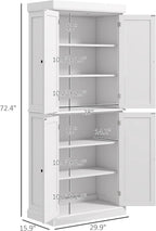 HOMCOM 72.5" Tall Kitchen Pantry Cabinet, Freestanding Modern Farmhouse Kitchen Storage Cabinet with 4 Doors and 2 Adjustable Shelves for Dining Room, White