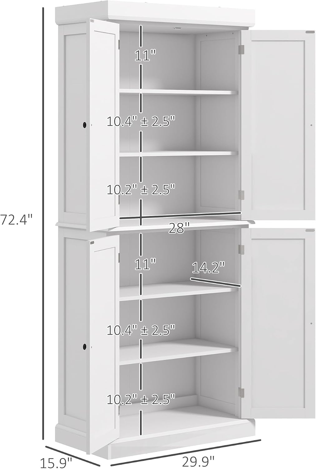 HOMCOM 72.5" Tall Kitchen Pantry Cabinet, Freestanding Modern Farmhouse Kitchen Storage Cabinet with 4 Doors and 2 Adjustable Shelves for Dining Room, White