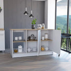 Kitchen Island with Four Open Shelves and Two Cabinets | Multicolor design with light oak and white finish