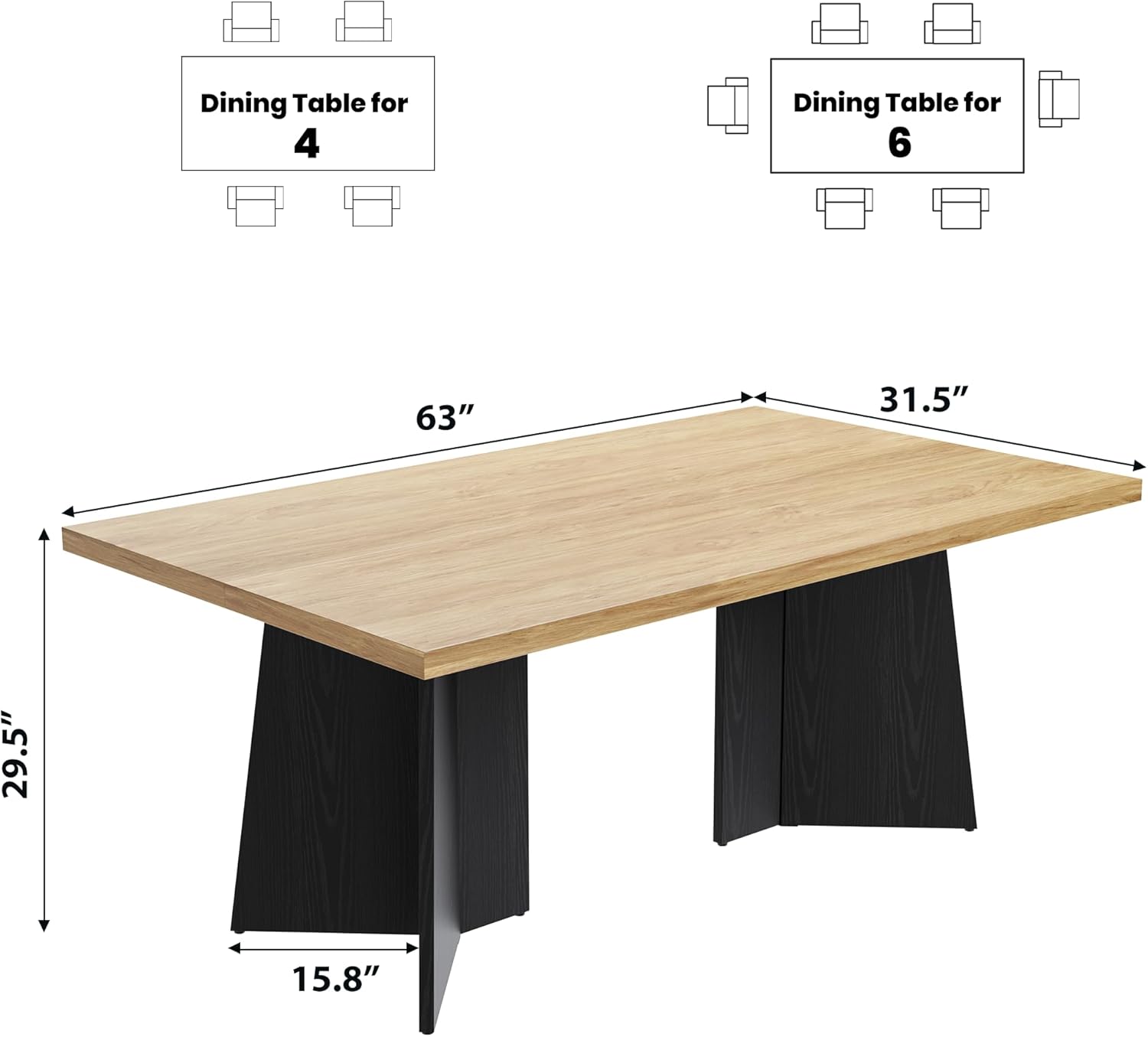 GarveeHome Dining Table for 6-8 People - 63" Modern Long Kitchen Table with Large Tabletop & Heavy Duty Pedestal Legs, Dinner Table for Kitchen, Conference Room, Home, Natural & Black