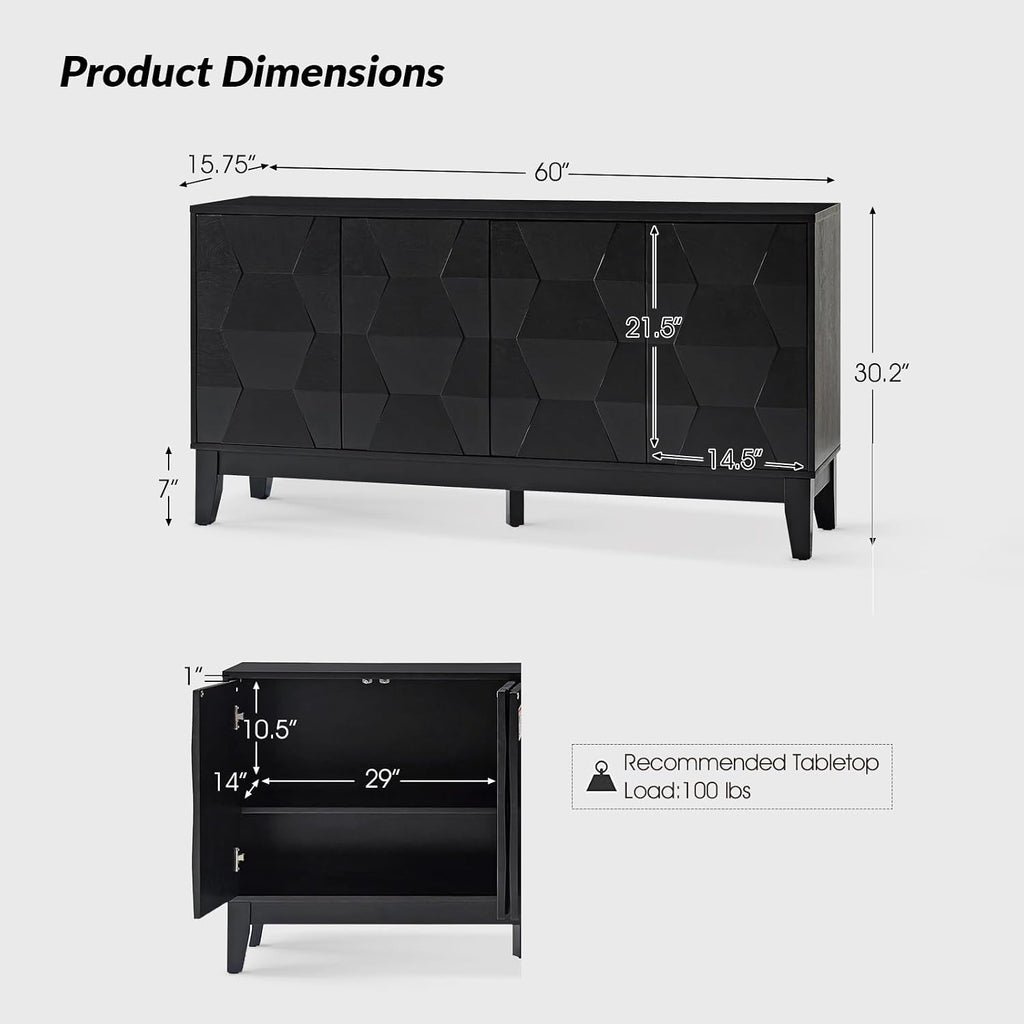 HULALA HOME Mid Century Sideboard Buffet Cabinet with Solid Wood Legs, 60" Kitchen Storage Cabinet Credenza with 4 Doors and 2 Shelves, Accent Console Table (Black)