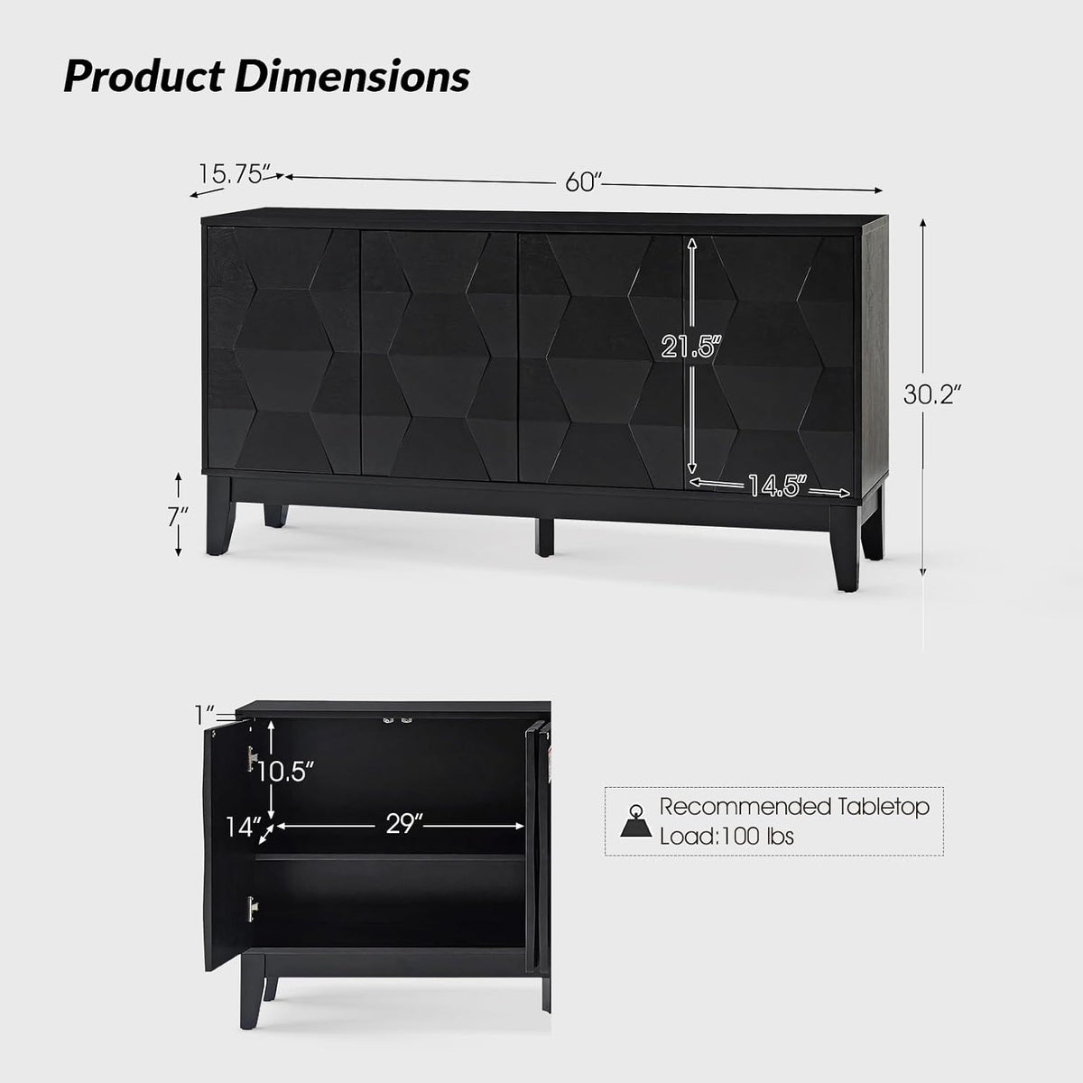 HULALA HOME Mid Century Sideboard Buffet Cabinet with Solid Wood Legs, 60" Kitchen Storage Cabinet Credenza with 4 Doors and 2 Shelves, Accent Console Table (Black)