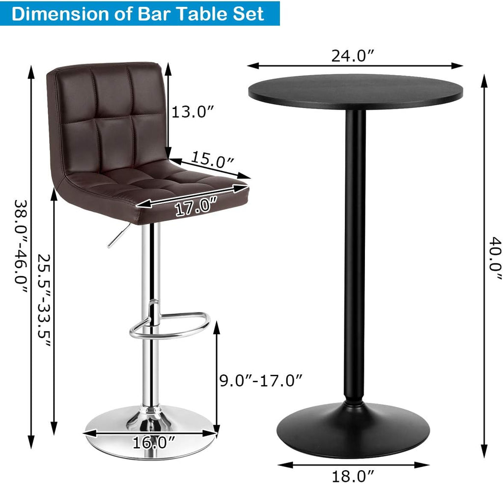 COSTWAY 3-Piece Bar Table Set, Counter Height Table Set with 2 Bar Stools | Round Cocktail Table and PU Leather Adjustable Swivel Chairs, for Kitchen, Office, Brown