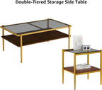 ODUSE-DAILY Coffee Table and End Table 3 Piece Living Room Set, Gold Metal Frame Glass Top End Tables, Square Top Shelf, Sofa or Couch Side Tables, Mesa de Centro para Sala (3 Pcs)