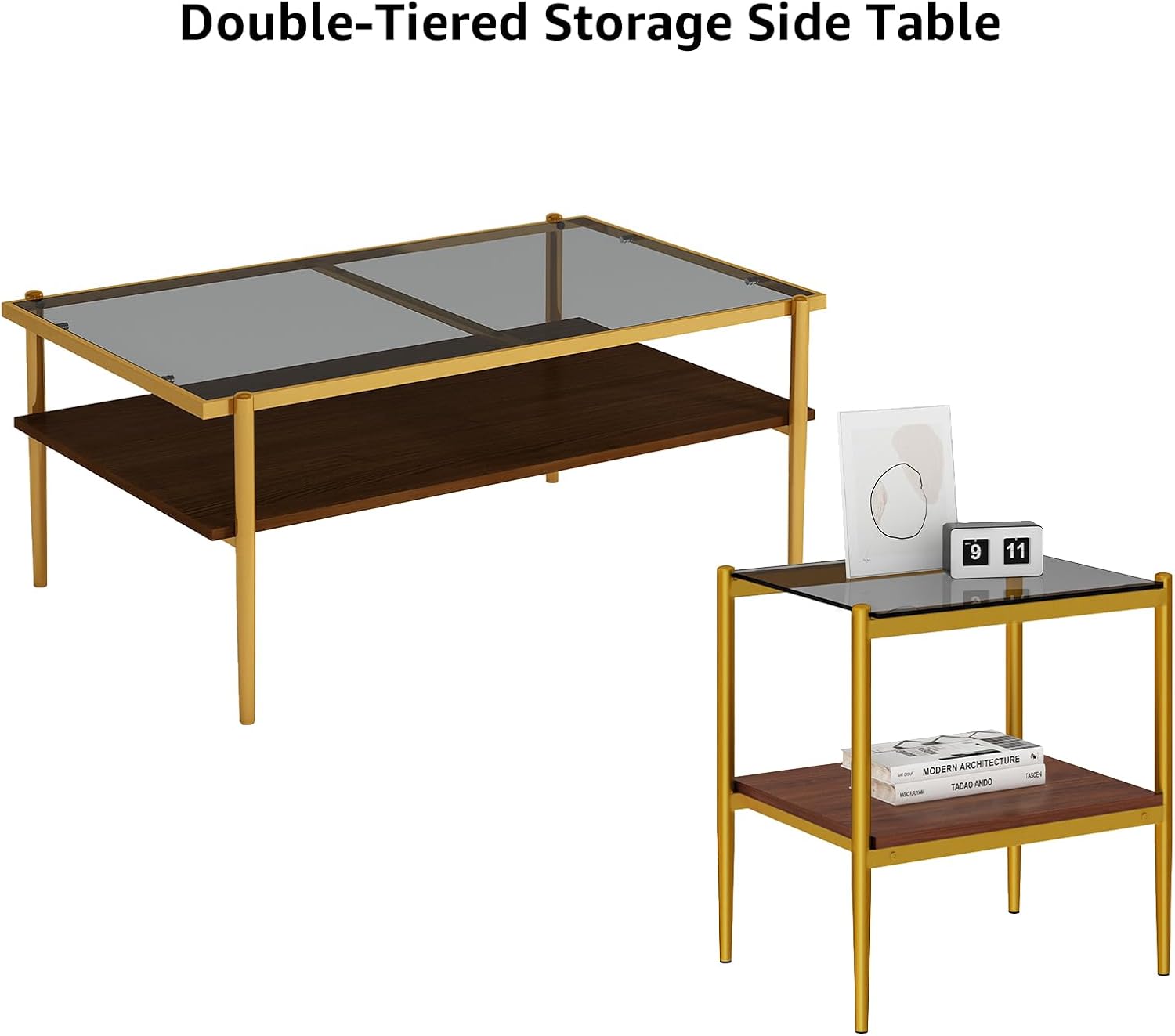 ODUSE-DAILY Coffee Table and End Table 3 Piece Living Room Set, Gold Metal Frame Glass Top End Tables, Square Top Shelf, Sofa or Couch Side Tables, Mesa de Centro para Sala (3 Pcs)