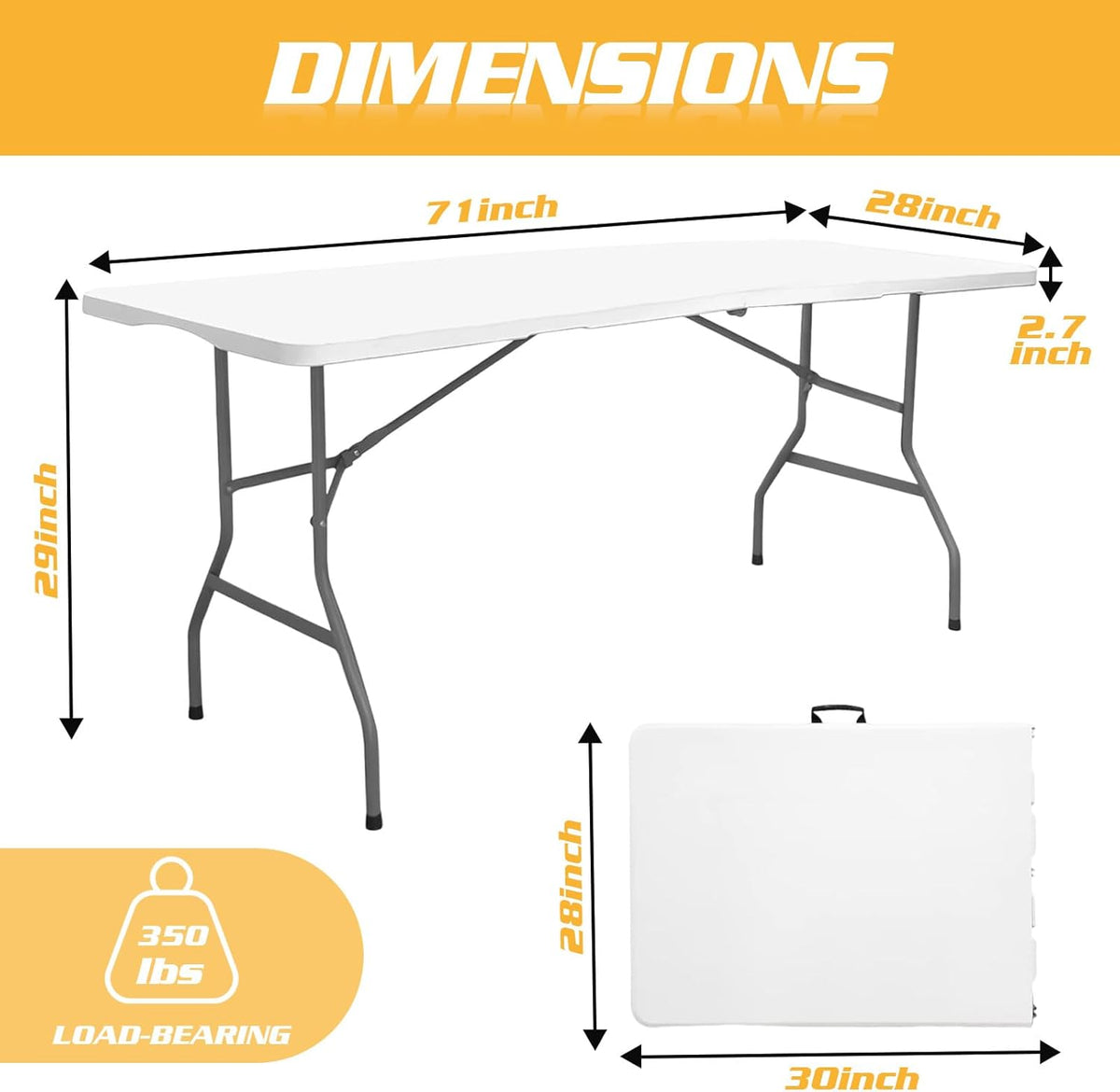Camp Field 6ft Heavy Duty Portable Table with Spandex Cover, Folding Table for Indoor & Outdoor Picnic & Lemonade Stand for Picnic, Party, Event. (White ste, 6FT Set)