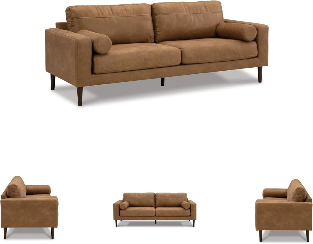 Signature Design by Ashley Telora Faux Leather 3 Seater Sofa Couch, Caramel | Medium plush fiber-wrapped foam seating, Track arms, Loose back cushions, Mid-century modern style