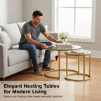 Round Nesting Coffee Table Set of 2, Glass Stacking Minimalist End Table | Modern Marble Pattern Wooden Nesting Tables for Living Room Bedroom Small Space, Clear Tempered Glass and Gold Leg