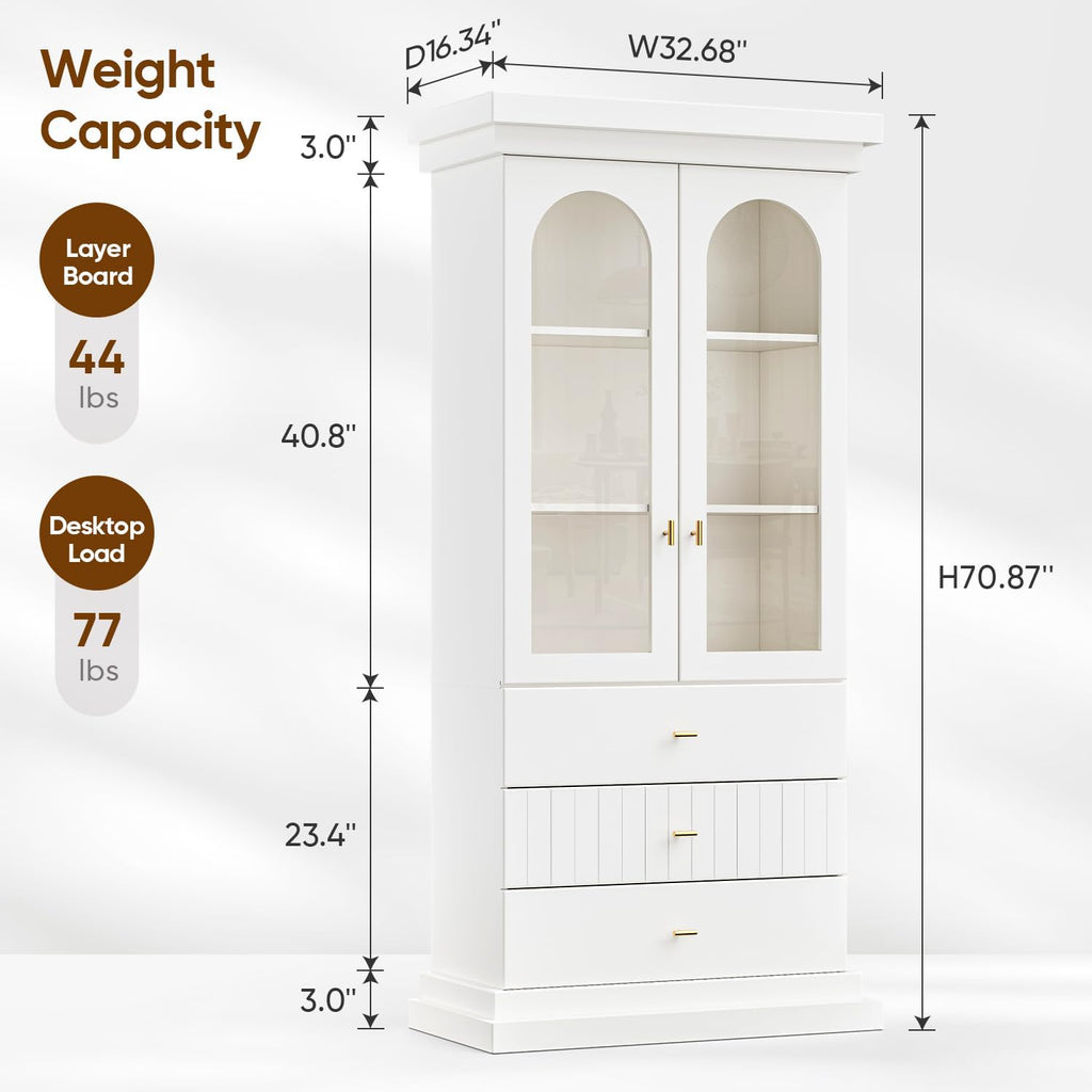 Vyre 71" Arched Kitchen Cabinet with Glass Doors, Tall Display and Storage Cabinet with Drawers for Dining Room or Living Room, Modern Pantry Cabinet with Gold Handles, White