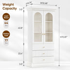 Vyre 71" Arched Kitchen Cabinet with Glass Doors, Tall Display and Storage Cabinet with Drawers for Dining Room or Living Room, Modern Pantry Cabinet with Gold Handles, White