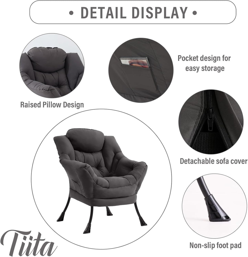 Tiita Lazy Chair, Gray Modern Large Accent Armchair, Comfy Leisure Sofa Reading Chair for Bedroom, Living Room, Dorm Rooms, Garden and Courtyard, Dark Grey