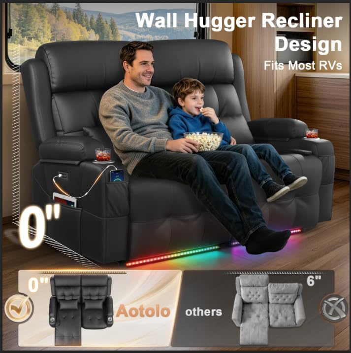 Power Reclining Loveseat with Massage & Heat,Wall Hugger Loveseat Recliner with LED Lights,USB & Type-C Ports, Ideal for RV, Home Theater and Living Room,Black,2 Seats