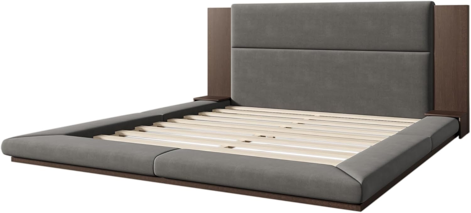 SOFTSEA King Size Floor Platform Bed Frame, Upholstered Floor Bed with Extended Headboard & Bedside Shelf, Velvet Fabric Grounded Bed Frame King Size for Bedroom, No Box Spring Needed, Gray