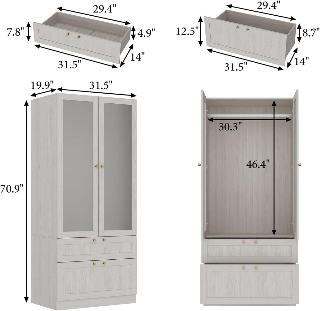 MOUMON Modern Wardrobe with Drawers, Bedroom Armoires with Frosted Glass Doors and Hanging Rod, Armoire Wardrobe Closet with Gold Knobs, Wood Grain 31.5" W x 19.9" D x 70.9" H