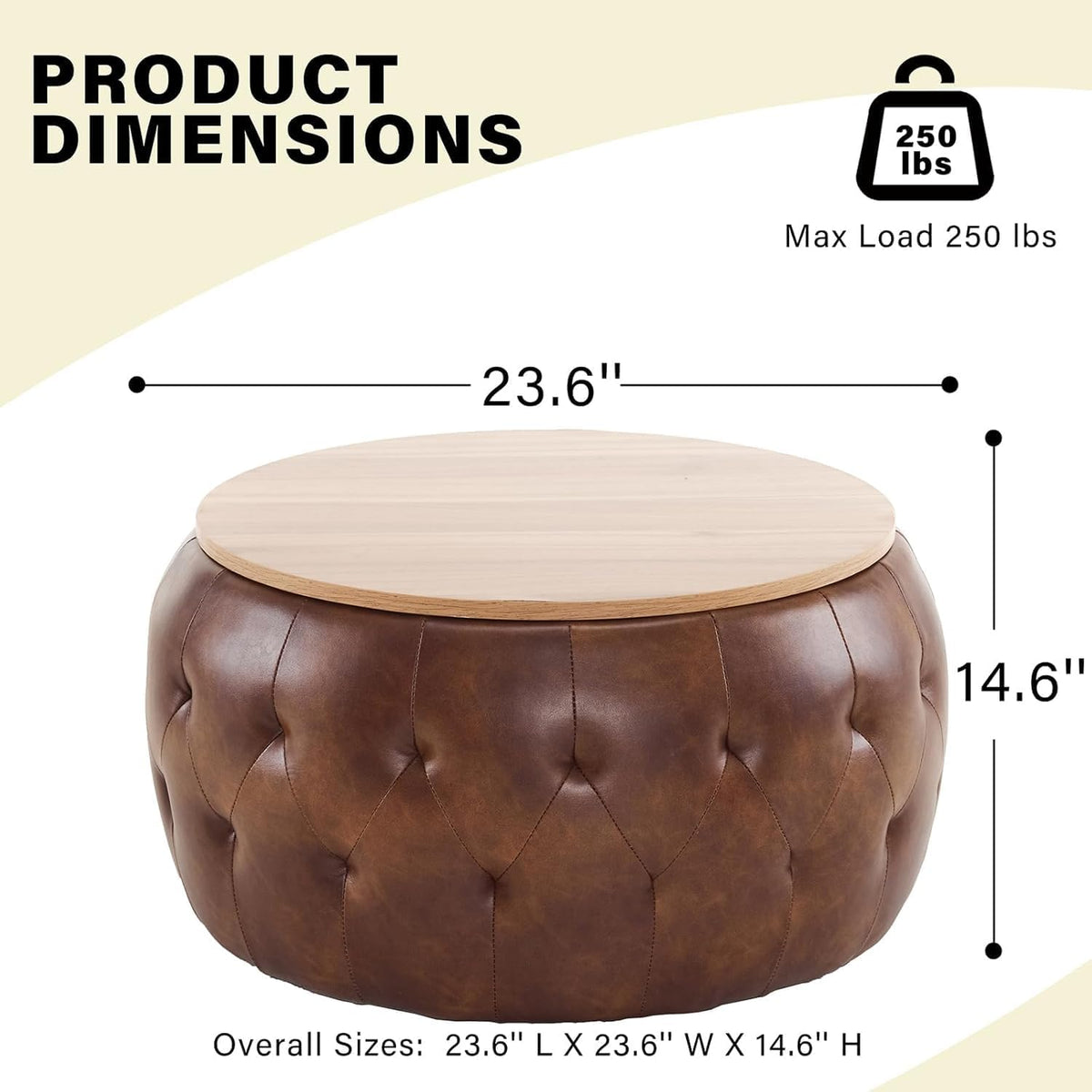 YDcosyfy 25 Inches Large Round Storage Ottoman, Modern Upholstered Ottoman Coffee Table, Wooden Top, Faxu Leather Surface, for Living Room, Bedroom, Classic Tufting, Brown