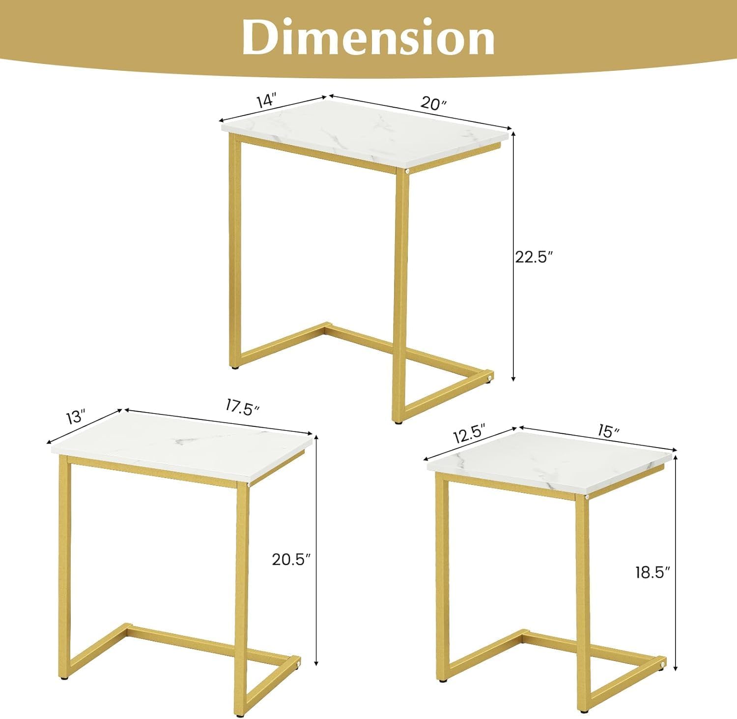 3-Piece Nesting Coffee Table Set, Stackable C-Shape (White Gold) | Faux Marble Top, Robust Steel Frame, Adjustable Foot Pads, Farmhouse Accent, for Living Room, Bedroom, Small Spaces