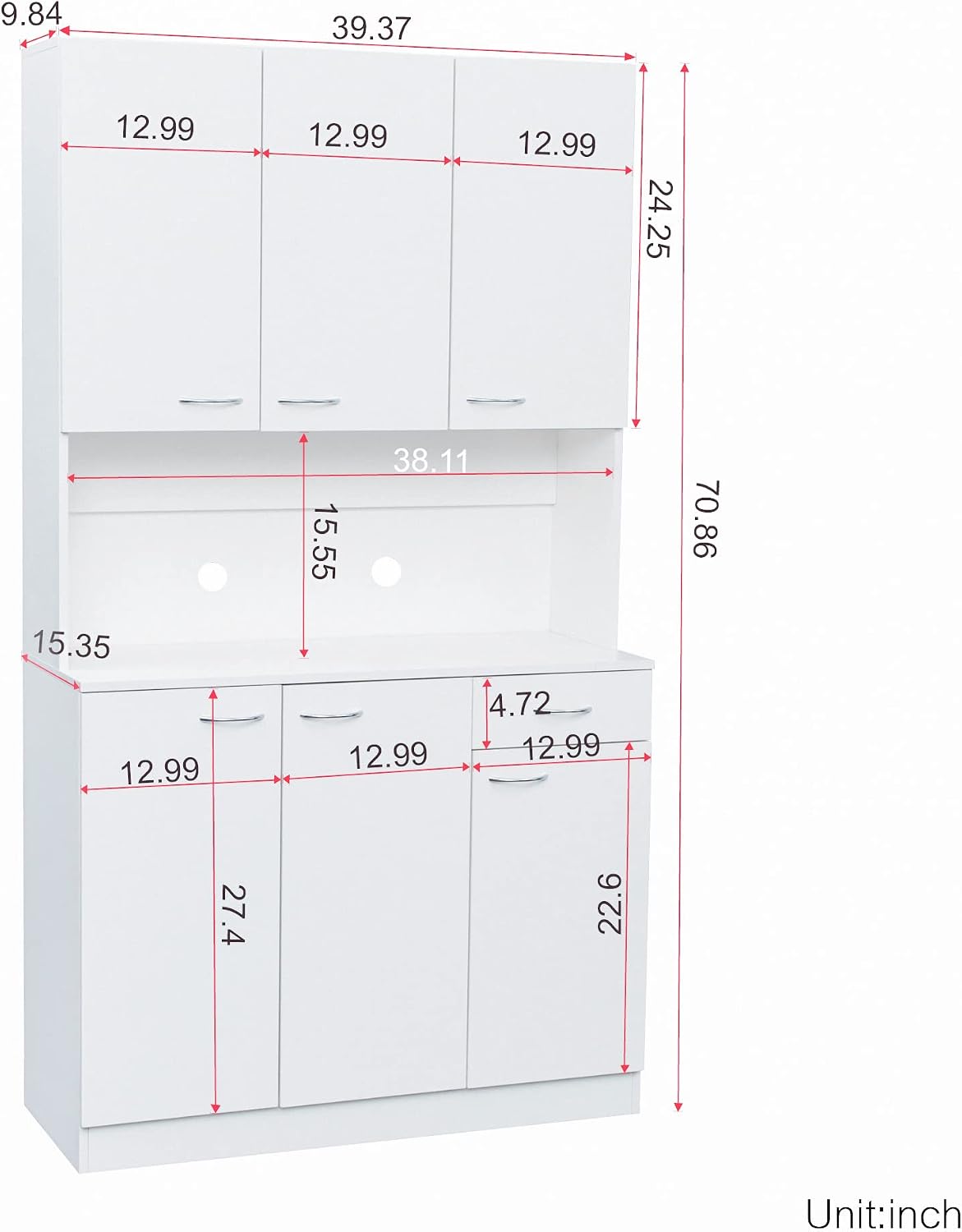 LUMISOL Kitchen Pantry Cabinet, Solid Wood Kitchen Hutch with Microwave Stand, 70.87” Tall Sideboard with 6 Doors, 1 Open Shelves and 1 Drawers for Living Room, Dining Room, White