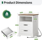 Farmhouse Nightstand with Charging Station, Wood Night Stand with Drawers, Bedside Table, Nightstands with Open Storage Shelf, Rustic Night Stands for Bedroom, Closet, 18" Wide, 24" Tall