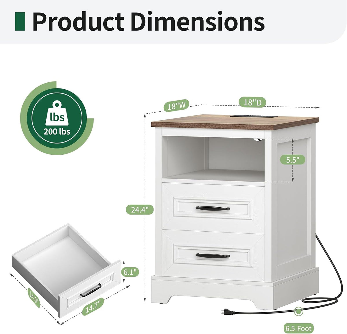 Farmhouse Nightstand with Charging Station, Wood Night Stand with Drawers, Bedside Table, Nightstands with Open Storage Shelf, Rustic Night Stands for Bedroom, Closet, 18" Wide, 24" Tall