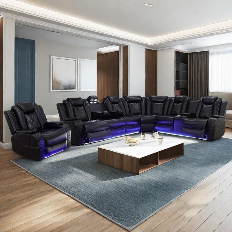 Power Recliner Sofa Sectional Sofa with LED Light for Living Room, Air Leather Reclining Corner Sectional Sofa Set, Cup Holder, Storage Console for Home Theater Seating (Black, Sectional+Chair)