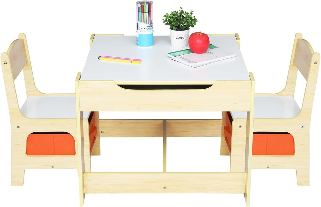 Bonnlo Kids Table and Chair Set with 2 Chairs, 3-in-1 Wooden Table, Reversible Whiteboard and Chalkboard, Hidden Storage, Fabric Chair Storage Bins, Activity Table for Arts, Crafts, Reading (Natural)
