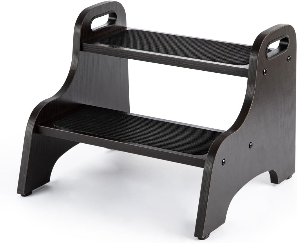 StrongTek Wooden 2 Step Stool, 350 lb Capacity, Non-Slip, Espresso | Wide Non-Slip Surface, Portable Handles, Stable Support for Sink, Potty Training, Kitchen, Bathroom and Bedside