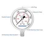 MEASUREMAN Fully Stainless Steel Hydraulic Glycerin Filled Pressure Gauge, 2-1/2" Dial Size,0-15000psi/bar,1/4" NPT Lower Mount