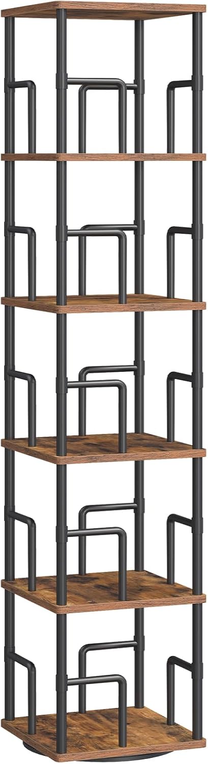 MAHANCRIS 5-Tier Rotating Bookshelf, Freestanding Corner Bookshelf, 360° Spinning Bookcase, Industrial Style Storage Rack with Rails, for Living Room, Bedroom, Study, Rustic Brown and Black BKHR1601