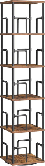 MAHANCRIS 5-Tier Rotating Bookshelf, Freestanding Corner Bookshelf, 360° Spinning Bookcase, Industrial Style Storage Rack with Rails, for Living Room, Bedroom, Study, Rustic Brown and Black BKHR1601