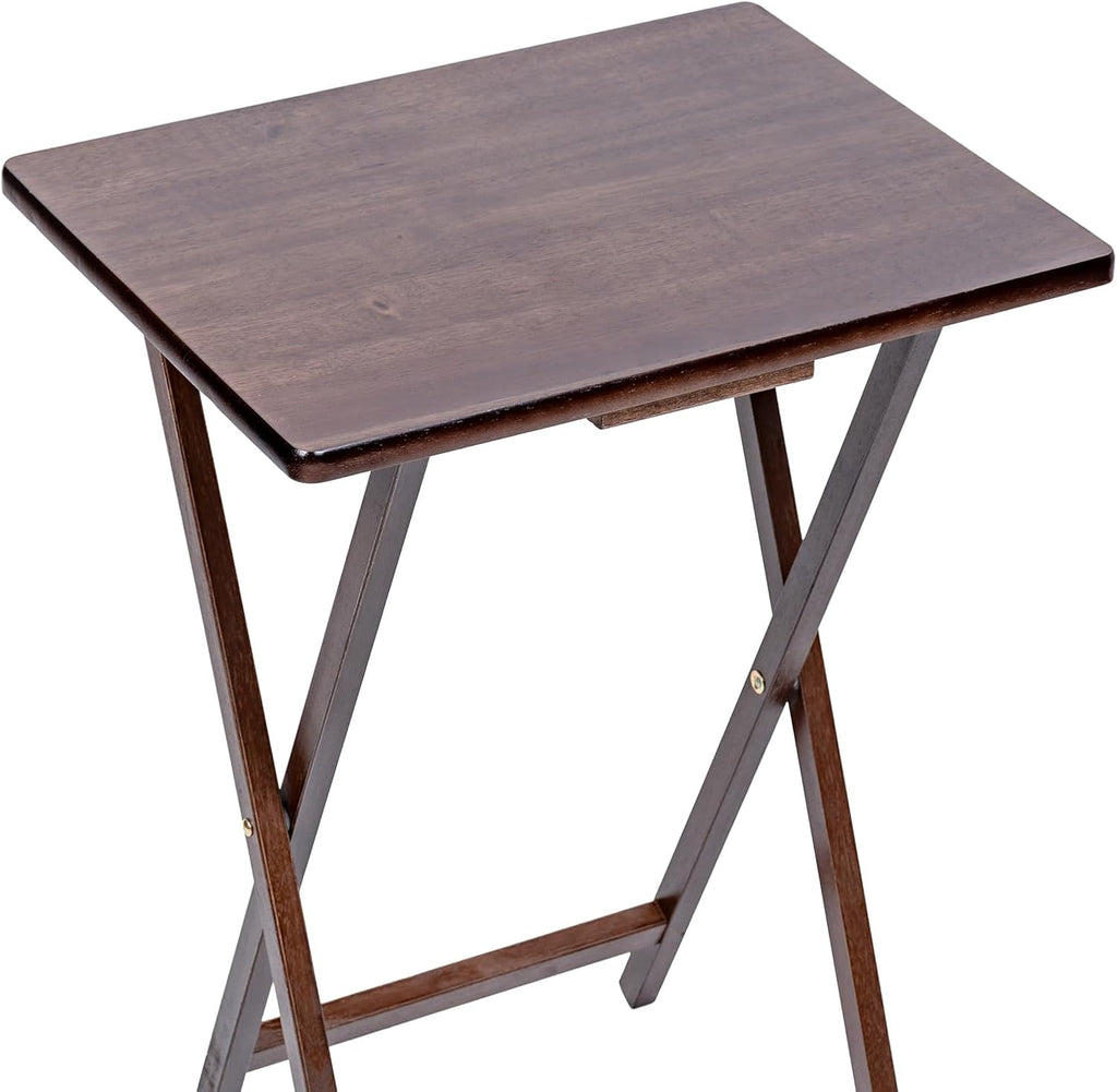 Modern Indoor Folding Tray Table Set of 2, Walnut Finish, Solid Rubberwood, 19 x 14.5 x 26 Inches, Lightweight & Easy to Move, Space-Saving Storage