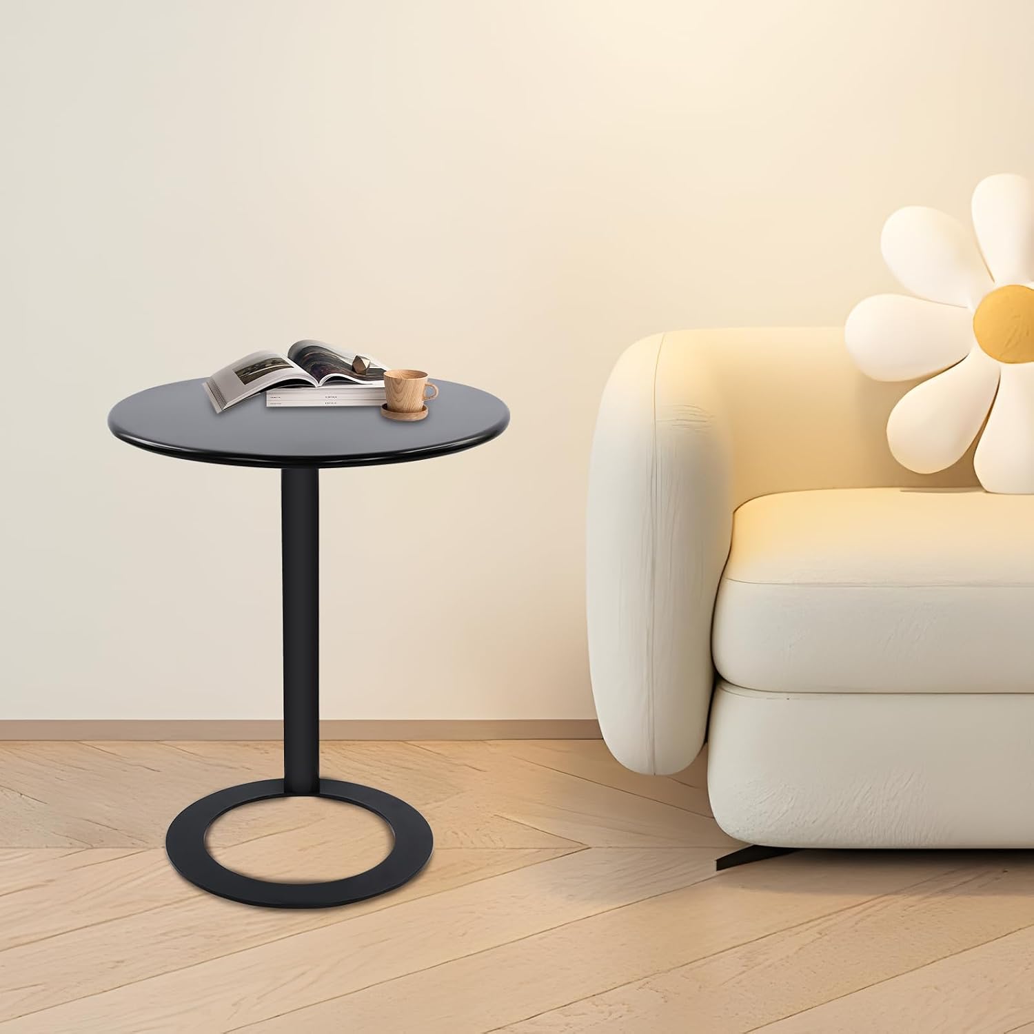 C Shaped Round Side Table, Metal End Table for Couch Sofa Bed, Small Accent Coffee Table with O Shaped Base, Modern Bedside Table for Small Space Living Room Bedroom Office (Black)