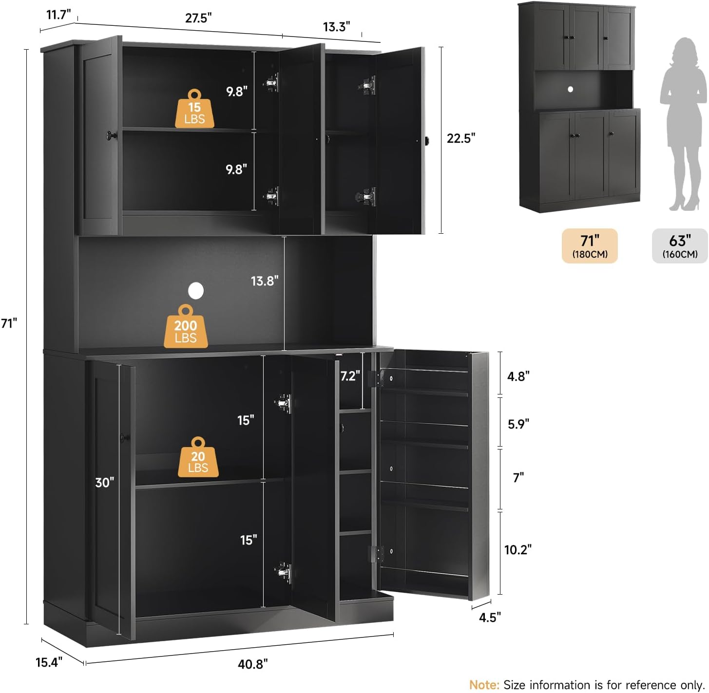 ONBRILL 71" Tall Kitchen Pantry Storage Cabinet, Kitchen Hutch, Black | Modern Food Pantry with Microwave Stand & Door Shelf, Freestanding pantry with 6 Door & Adjustable Shelves for Dining Room
