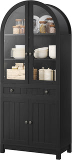 YITAHOME 71" Arched Pantry Cabinet with Glass Door, Shelves & Drawer, Black | Farmhouse Wood Cupboard with Adjustable Shelves for Living Room and Dining Room