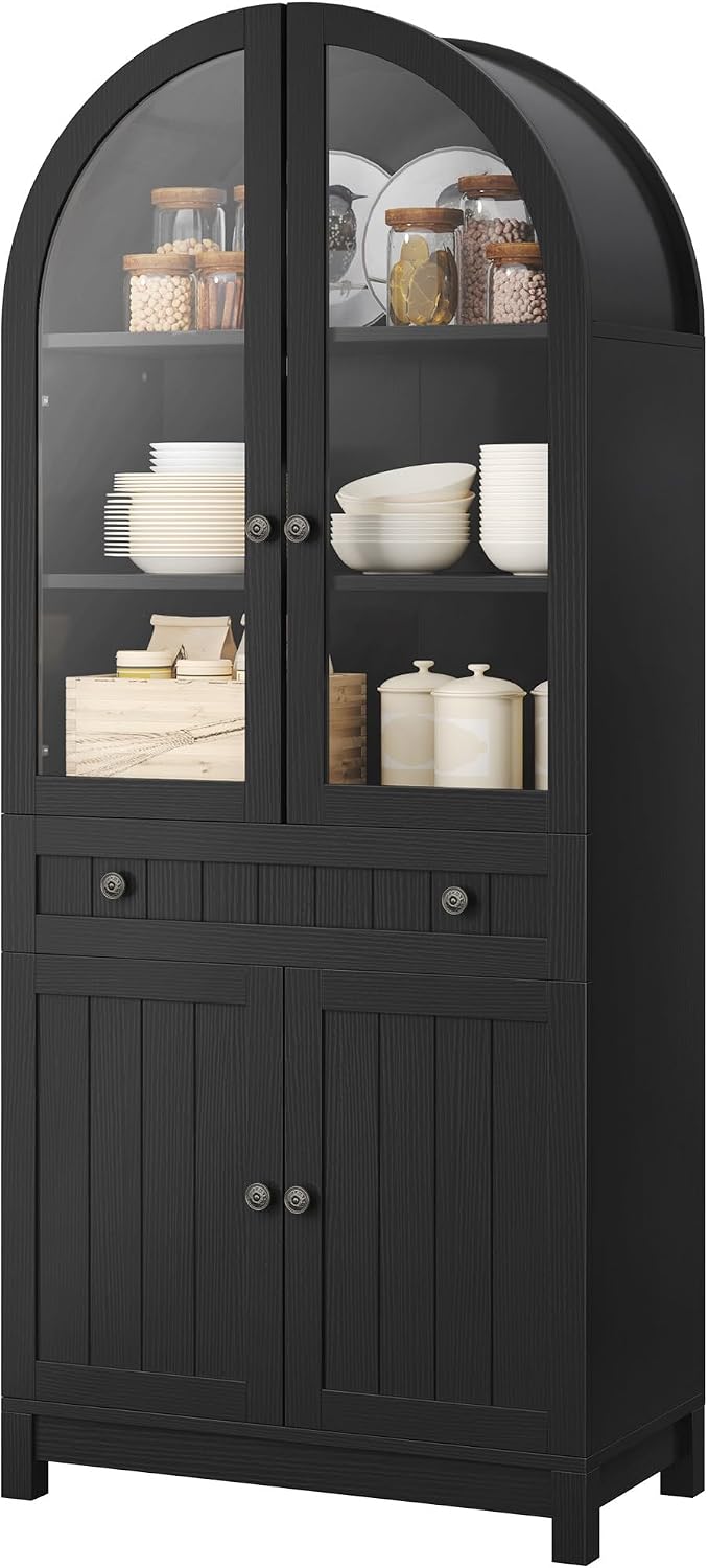 YITAHOME 71" Arched Pantry Cabinet with Glass Door, Shelves & Drawer, Black | Farmhouse Wood Cupboard with Adjustable Shelves for Living Room and Dining Room