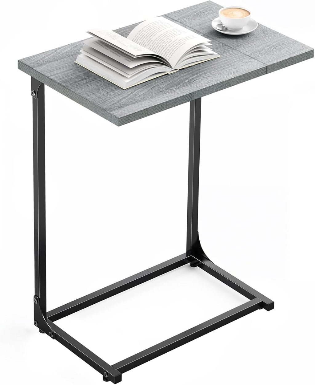 Pipishell C-Shaped Side Table, C Table for Sofa with Two-Piece Desktop & Metal Frame, Large Surface End Table for Living Room, Bedroom, Bedside, Rustic Design, Grey