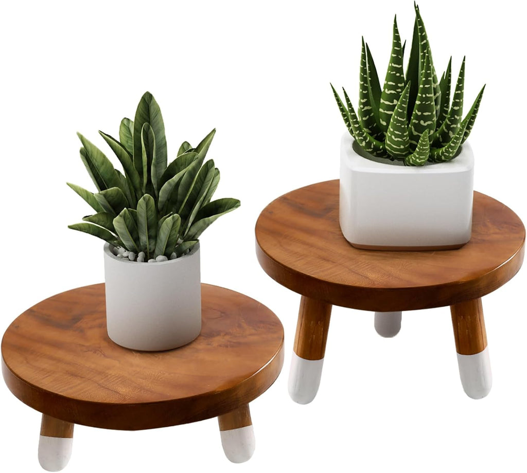 9" Round Dip Dyed Teak Plant Stand |Wood Risers for Decor | Wood Pedestal Stand Riser 4"+6" Tall-2 Pack