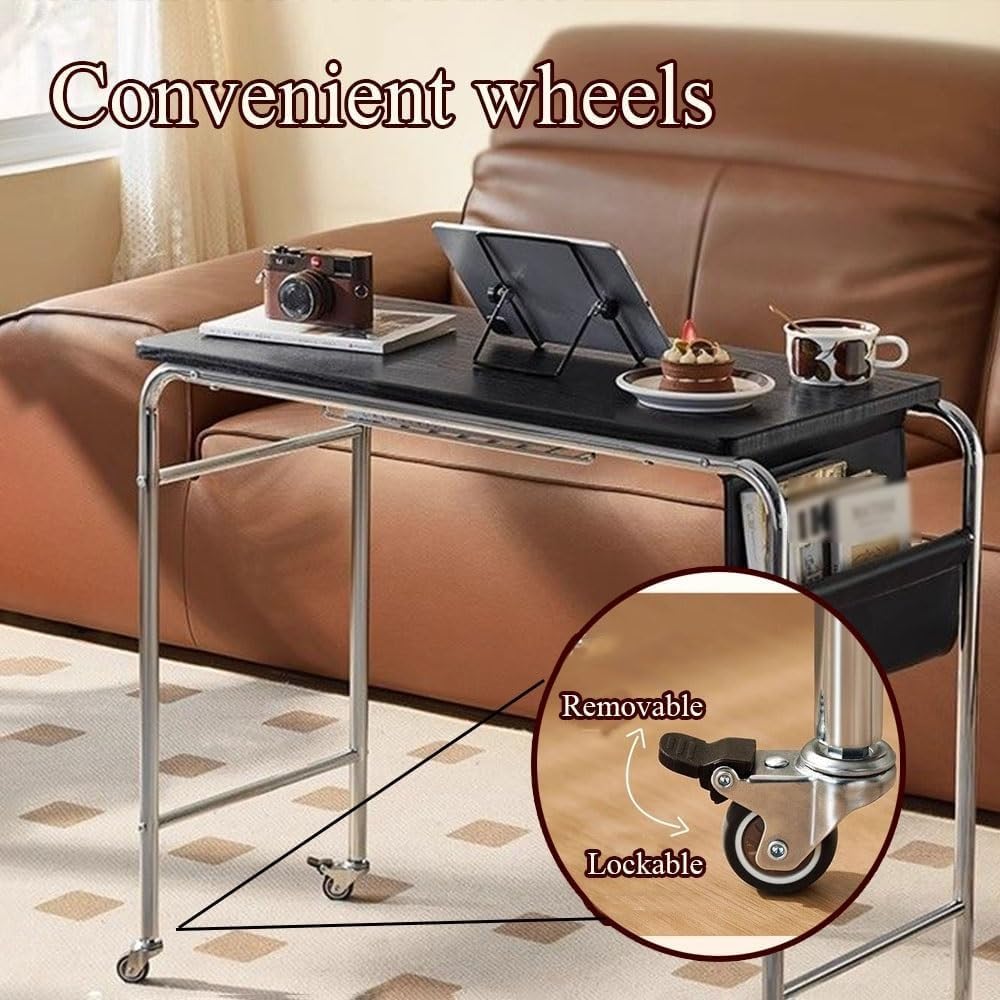 Movable Side Table with Locking Wheels Metal Frame Mobile Workstation Laptop End Table Rolling Office Desk with Storage for Room Long Lasting