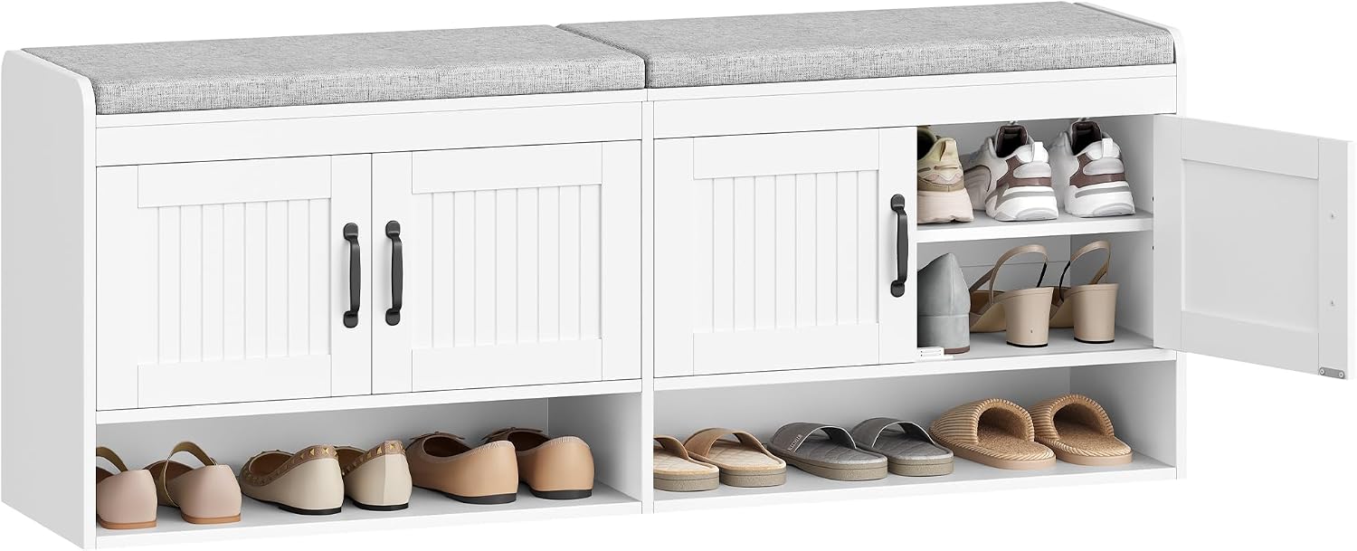 Hzuaneri 55.1" Shoe Storage Bench, 3 Tier Entryway Shoe Bench with Padded Cushion & 4 Doors & Adjustable Shelves, 18-21 Pairs of Bed End Benches, Modern Shoes Rack Benches for Bedroom, White SB41403GY