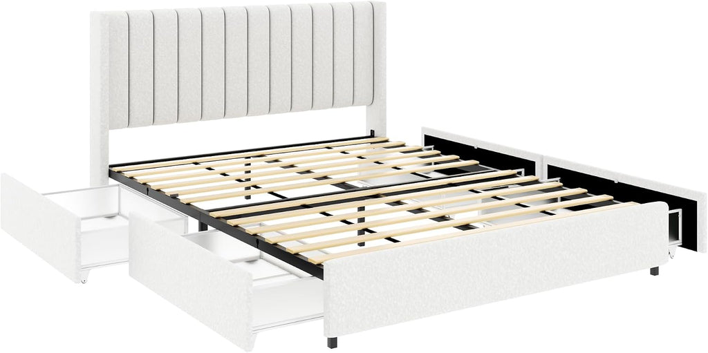 Queen Size Storage Bed Frame with 4 Drawers, Ivory Boucle Upholstered Platform Bed, Vertical Channel Tufted Headboard, Metal Frame Support, No Box Spring Needed