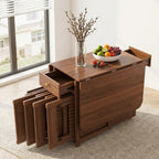 Folding Drop Leaf Dining Table and Hidden Chairs for Small Spaces Kitchen | Fully Assembled, Space Saving, Storage Table & 4 Lockable Wheels, Solid Wood & Wood Grain Finish, Walnut