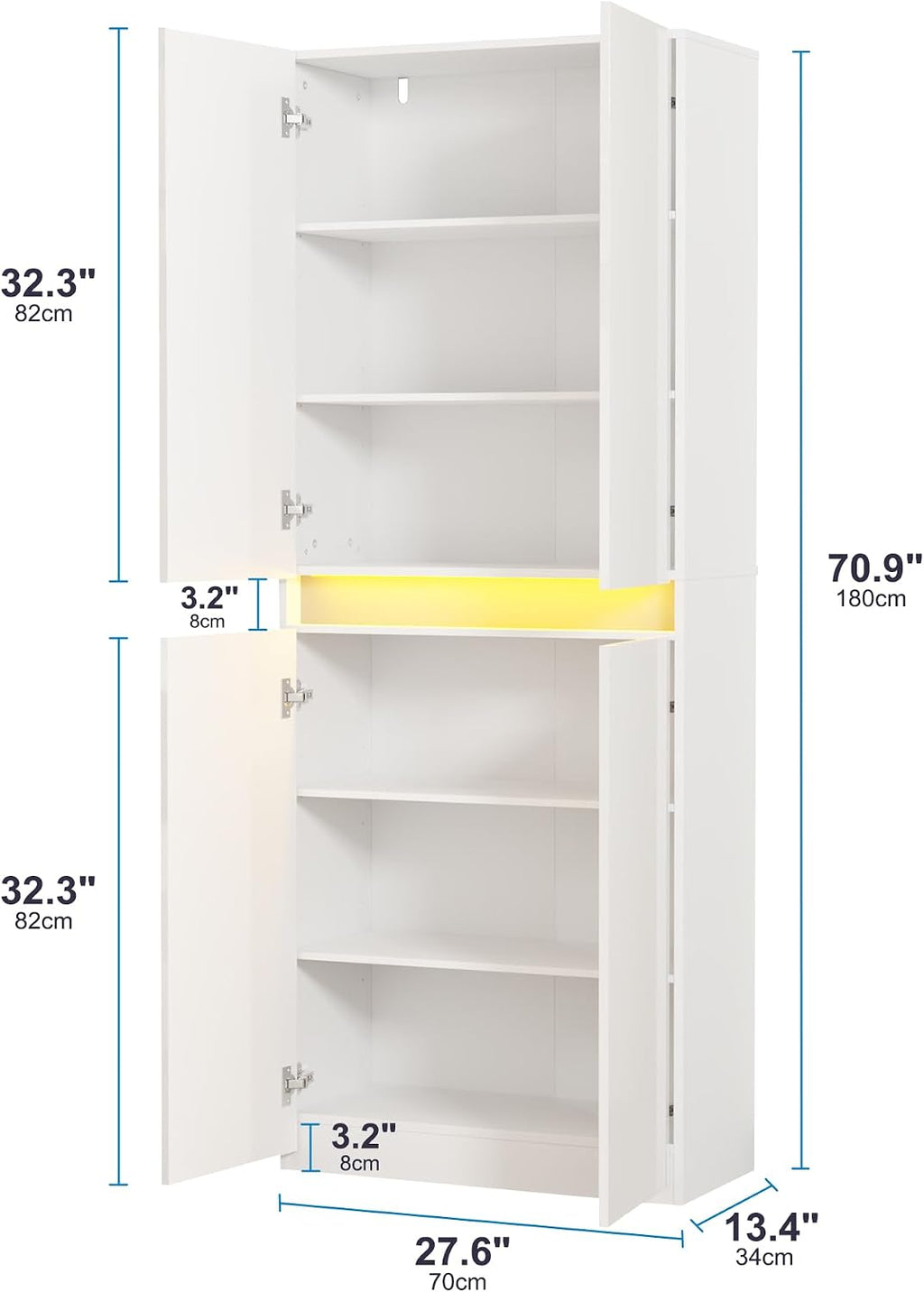 Furnify 71" Tall Pantry Cabinet with LED Light and High Gloss Doors, White | Kitchen Freestanding Pantry Storage Cabinet with Adjustable Shelves, Modern Buffet Hutch Cabinet for Dining Room, Living Room