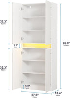 Furnify 71" Tall Pantry Cabinet with LED Light and High Gloss Doors, White | Kitchen Freestanding Pantry Storage Cabinet with Adjustable Shelves, Modern Buffet Hutch Cabinet for Dining Room, Living Room
