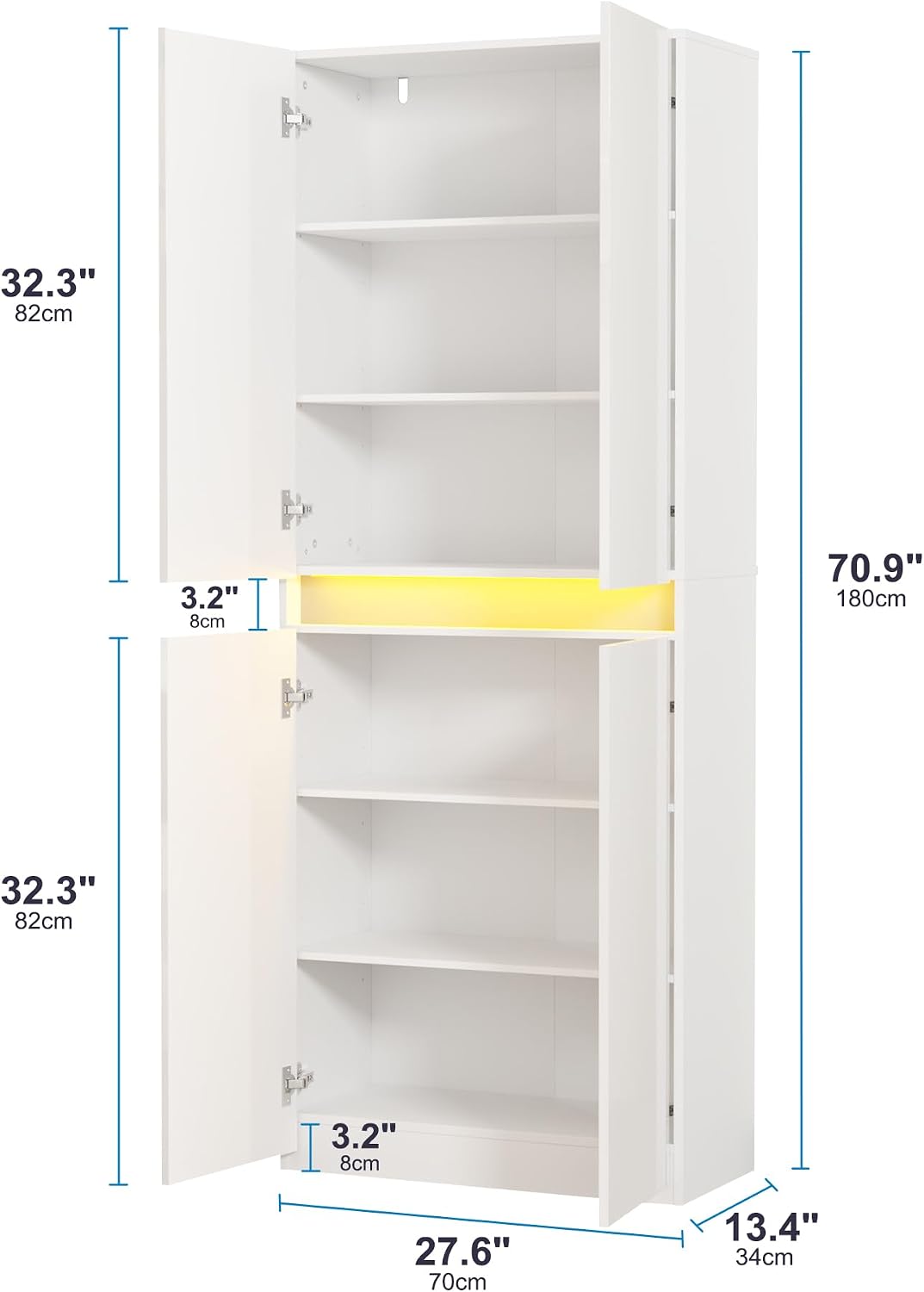 Furnify 71" Tall Pantry Cabinet with LED Light and High Gloss Doors, White | Kitchen Freestanding Pantry Storage Cabinet with Adjustable Shelves, Modern Buffet Hutch Cabinet for Dining Room, Living Room