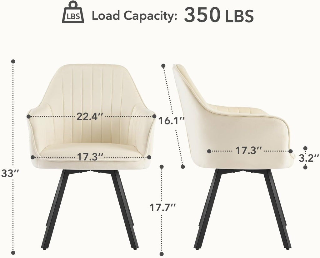 Furniliving Swivel Dining Chairs Set of 2, 360° Swivel Dining Room Chairs with Mental Legs, Mid Century Modern Kitchen Dining Room Chairs with Arms & Thickened Cushions for Kitchen, Velvet, Beige